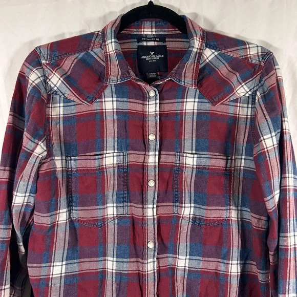 American Eagle Flannel Shirt Women's Small Blue Red Pearl Snap Boyfriend Long Sl - Picture 2 of 10
